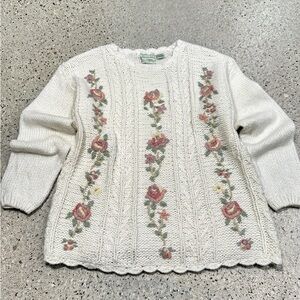 Colleen’s Collectibles Hand Knit Cream Floral Cable Knit Sweater Grandma Cottage